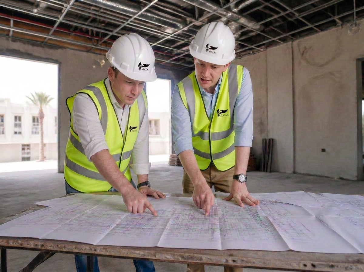 Two AZIAL site engineers in branded helmets and hi-vis vests reviewing MEP shop drawings inside an unfinished villa