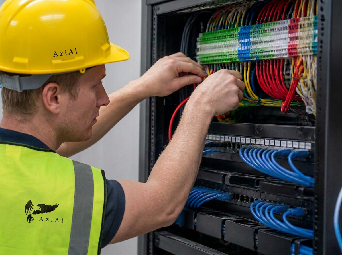 AziAl technician in a branded hi-vis vest terminating structured data and control cabling inside a low-voltage panel