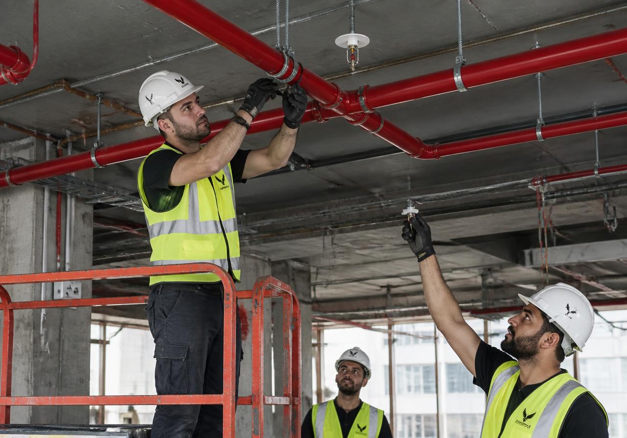 AZIAL technicians installing fire sprinkler pipework and heads