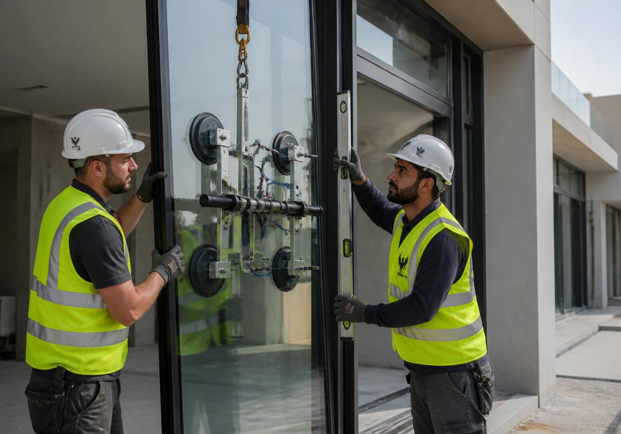 AZIAL glaziers installing an aluminium-framed glass panel on a villa façade