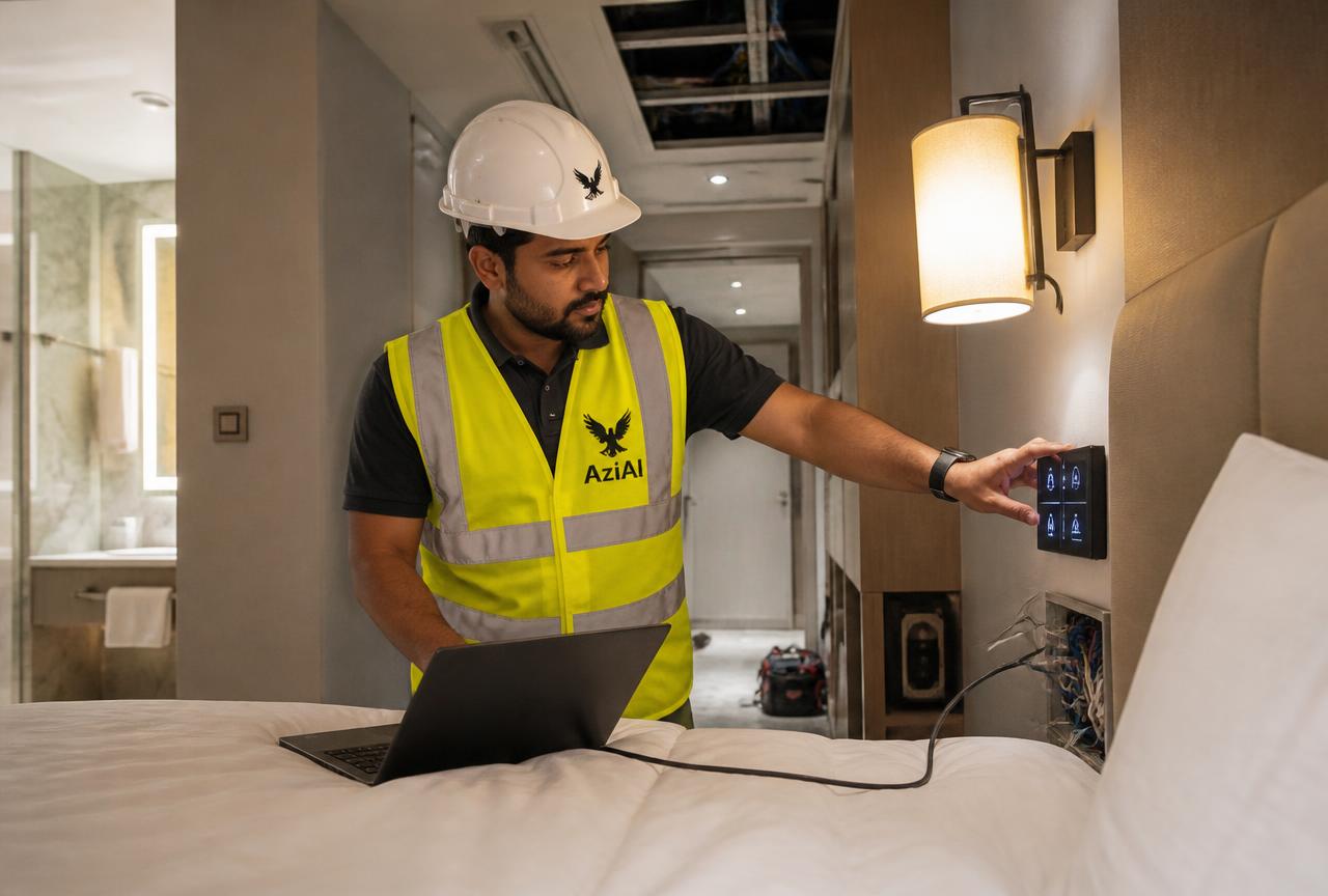 AziAl technician in a branded yellow hi-vis vest and white helmet commissioning a bedside guest room management system panel in a Dubai hotel room, with control cabling exposed in an open back-box