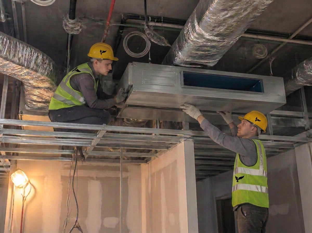 Two AZIAL technicians in branded hi-vis vests installing a ducted fan coil unit above a ceiling void in an apartment under construction