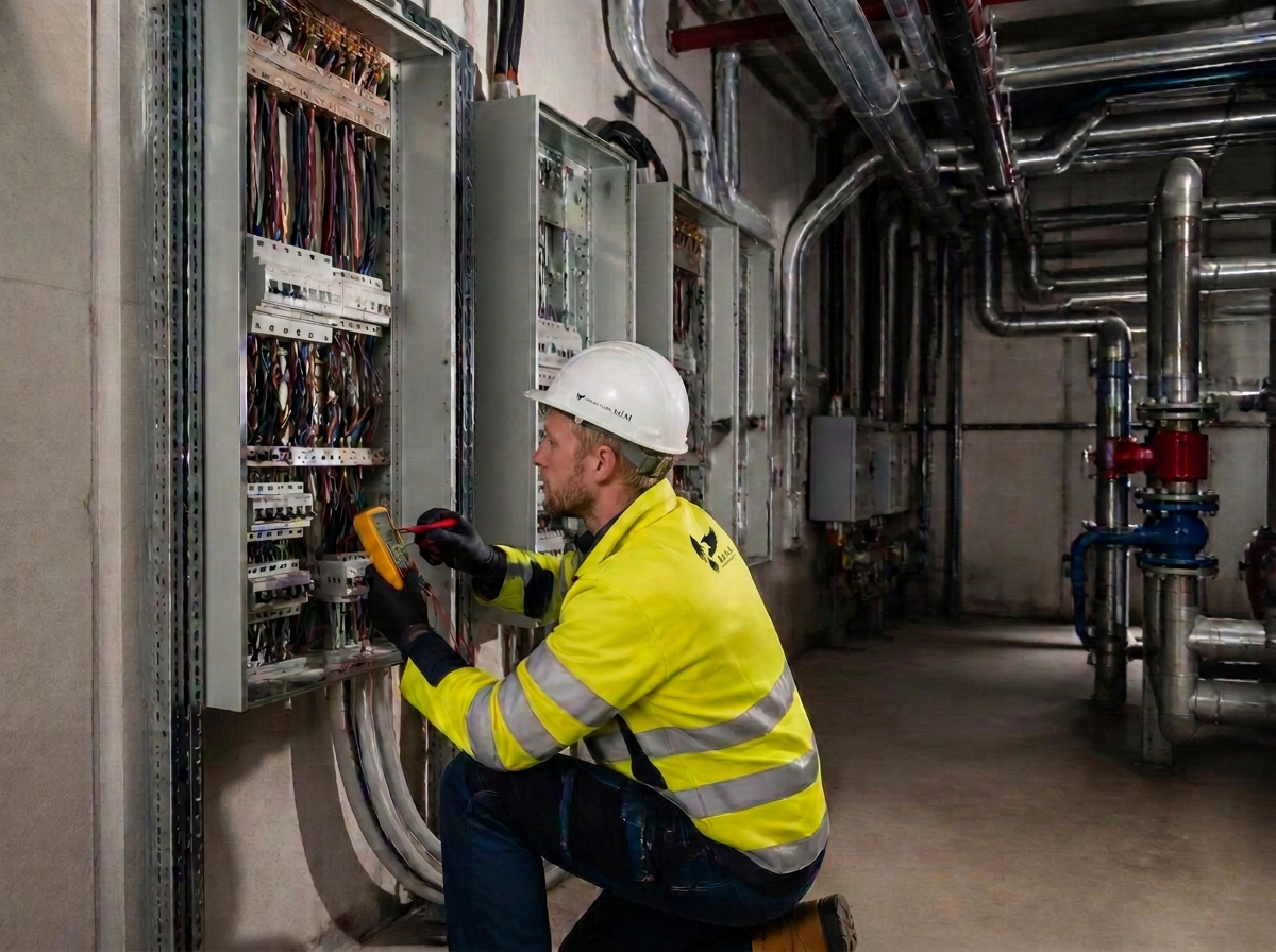 AziAl engineer in branded workwear testing an electrical distribution board in a building plant room