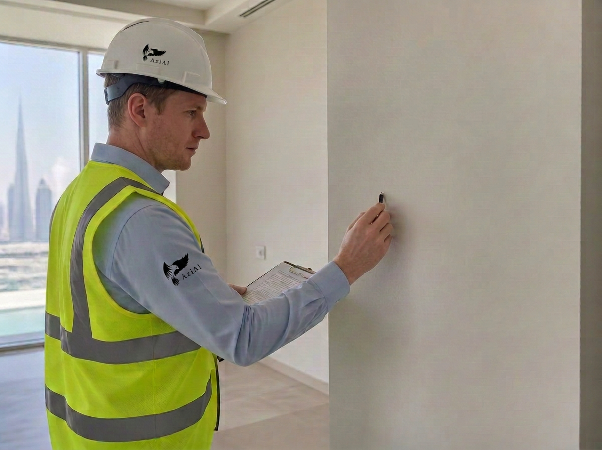 AZIAL engineer in a hard hat and high-visibility vest inspecting an apartment and marking defects on a clipboard report