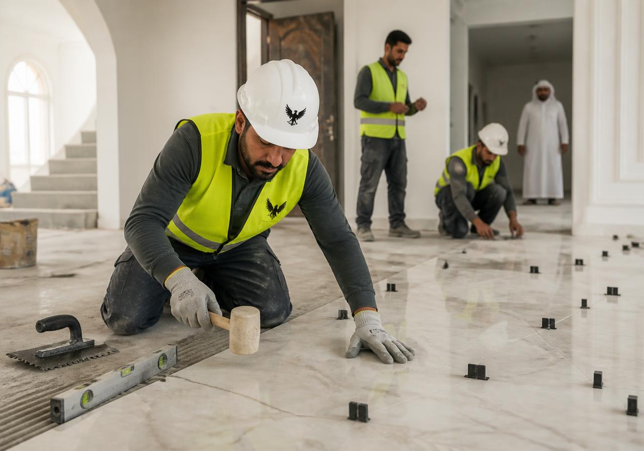 AZIAL tiler laying large-format marble flooring