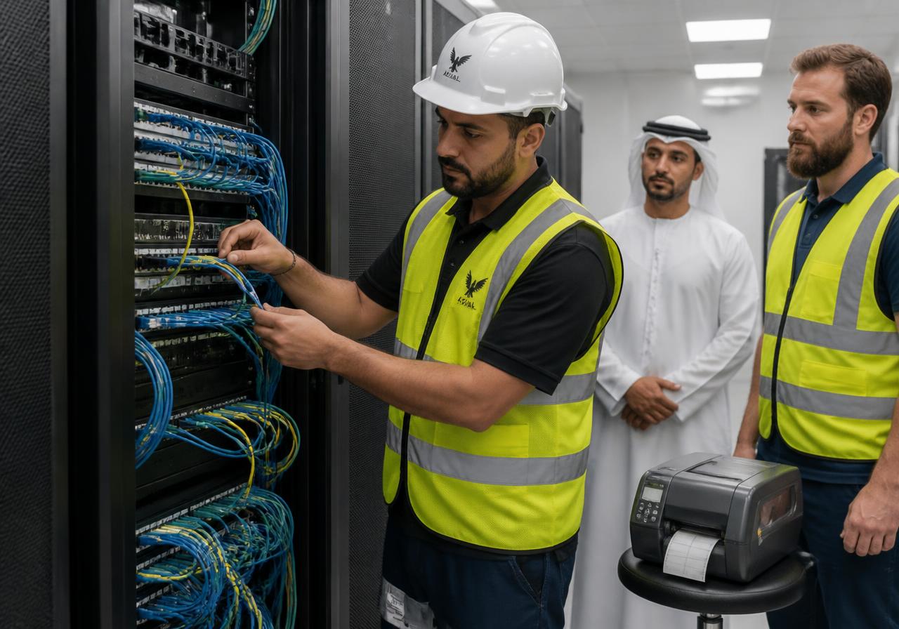 AZIAL technician patching fibre and Cat6A into a data rack