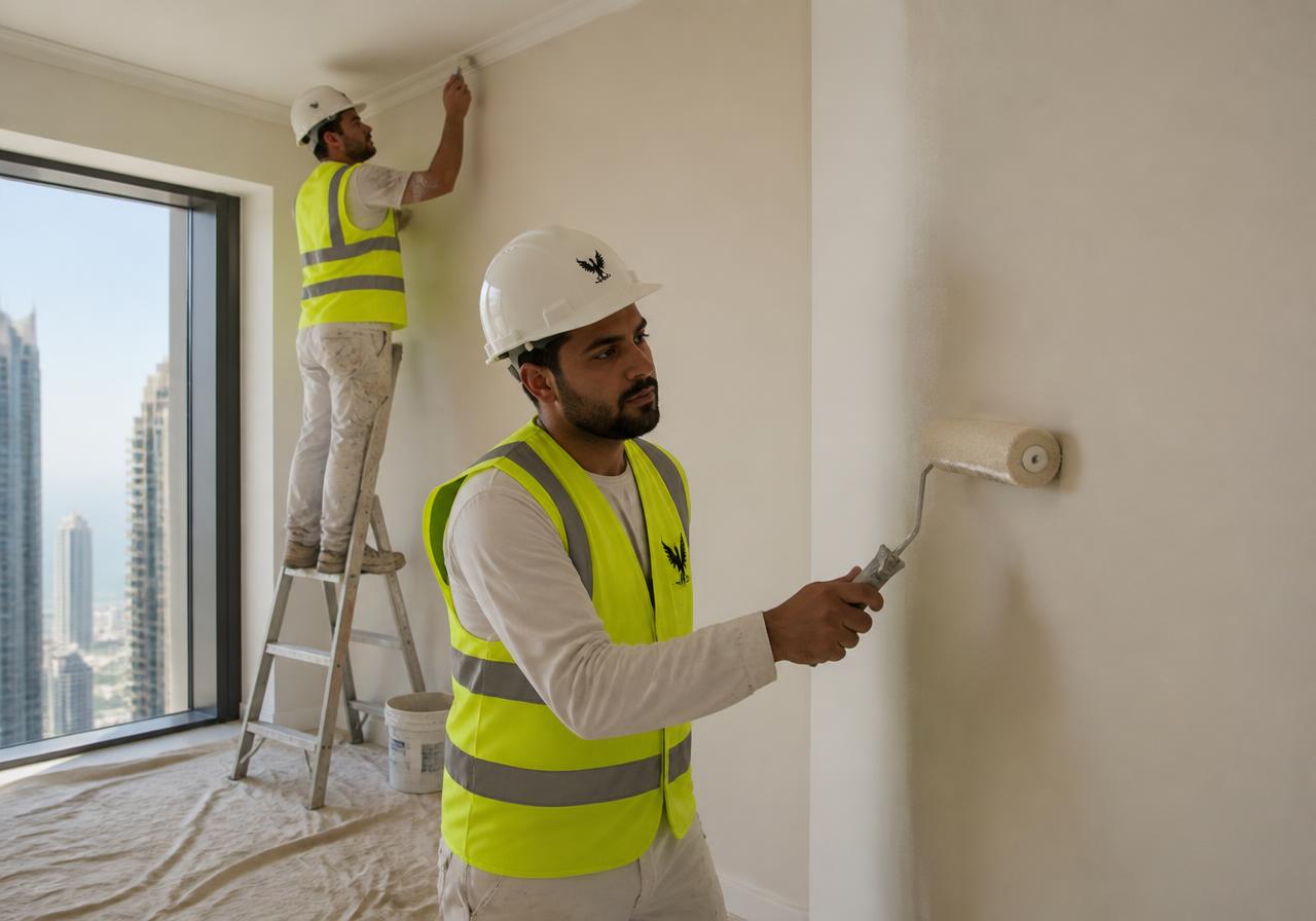 AZIAL painters applying interior finish coats in a Dubai apartment