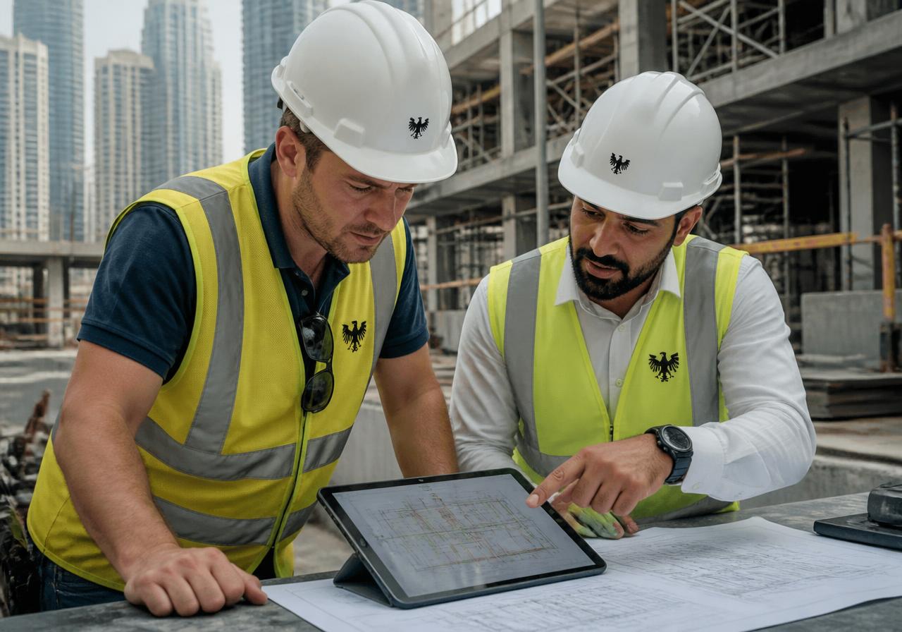 AZIAL project manager and site engineer reviewing the programme on site