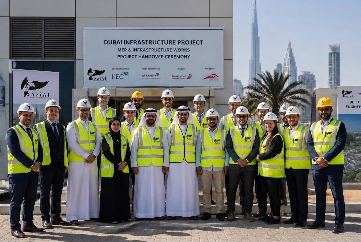 The AZIAL engineering team — European, British and Arabic engineers in yellow AZIAL-branded hi-vis vests and safety helmets outside a completed Dubai project at handover